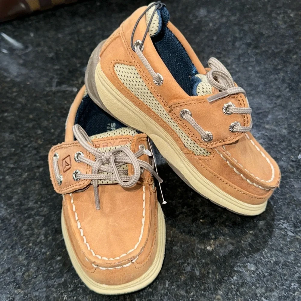 Sperry Lanyard Alternative Closure Boat Shoe, Dark Tan/Navy, Little Kid